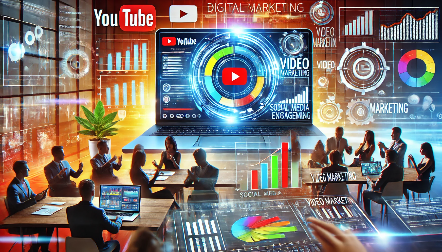 DALL·E 2025-03-16 06.08.15 - A modern and vibrant digital marketing theme featuring a futuristic laptop screen displaying YouTube analytics, social media engagement metrics, and v Best Digital Marketing Companies for YouTube & Video Marketing